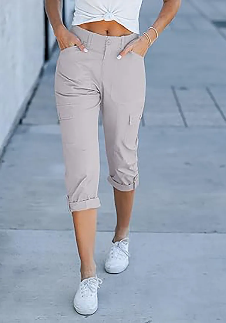 GRAPENT Cargo Capri Pants for Women High Waisted Relaxed Fit Elastic Knit Waist Casual Capris Trousers Cropped Pants