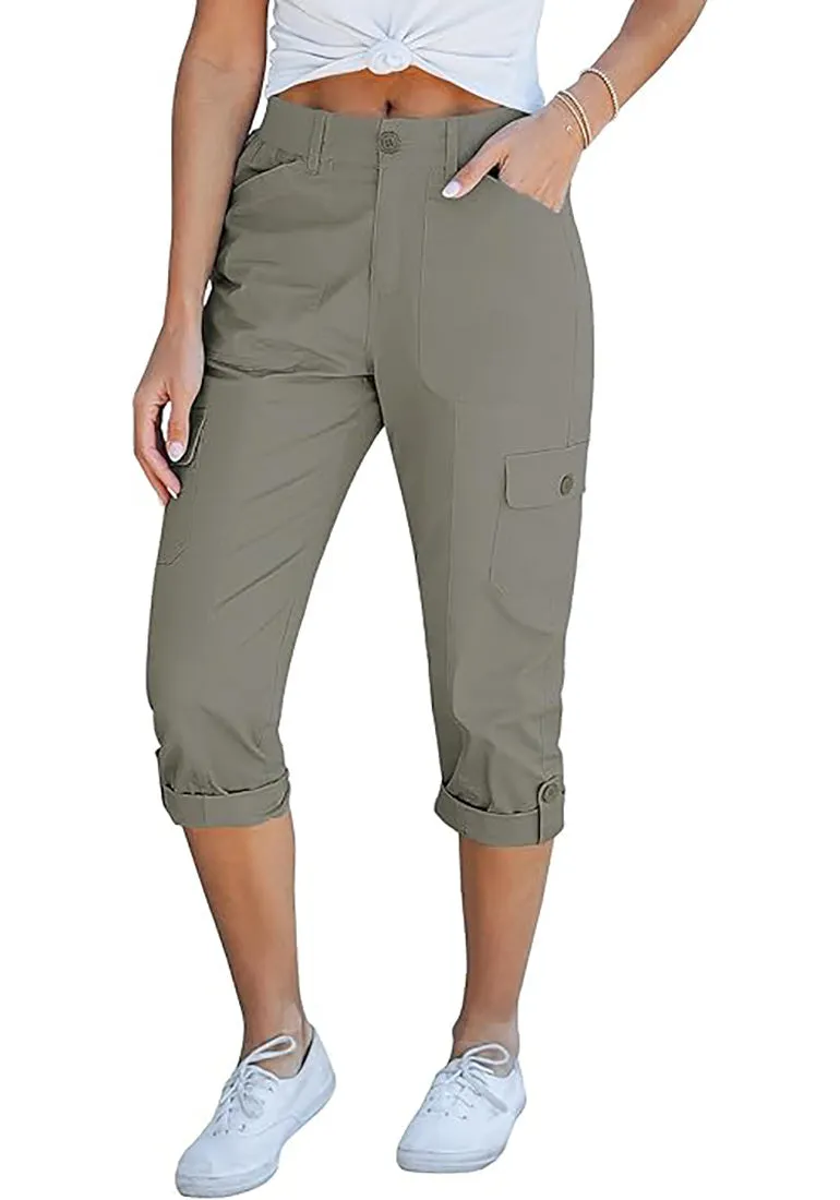 GRAPENT Cargo Capri Pants for Women High Waisted Relaxed Fit Elastic Knit Waist Casual Capris Trousers Cropped Pants