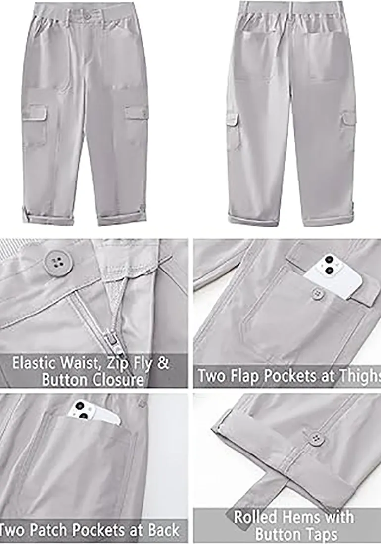 GRAPENT Cargo Capri Pants for Women High Waisted Relaxed Fit Elastic Knit Waist Casual Capris Trousers Cropped Pants