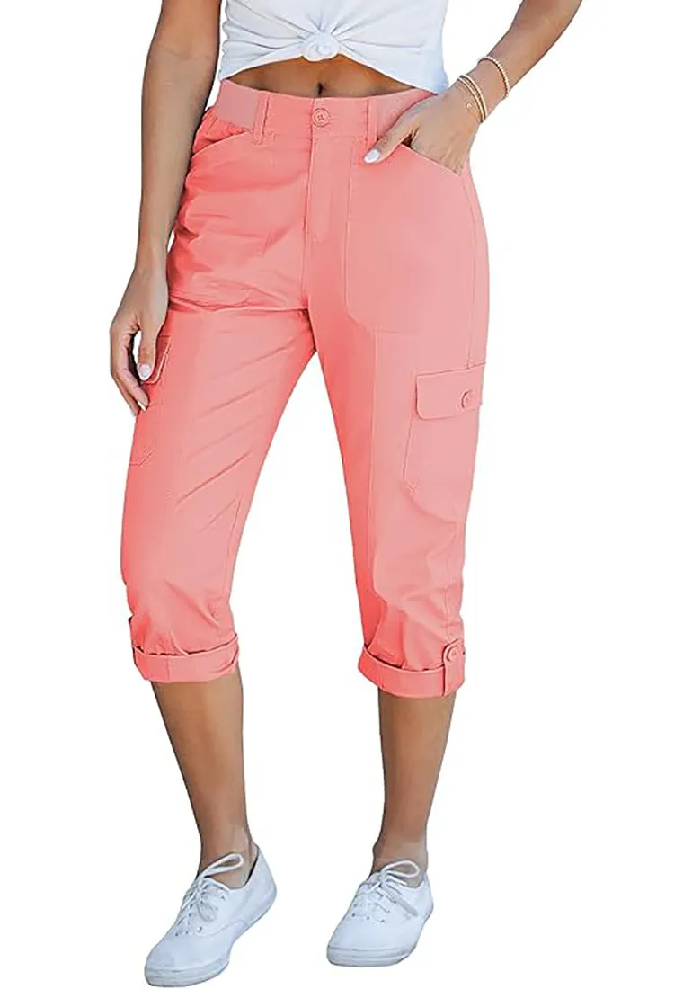 GRAPENT Cargo Capri Pants for Women High Waisted Relaxed Fit Elastic Knit Waist Casual Capris Trousers Cropped Pants