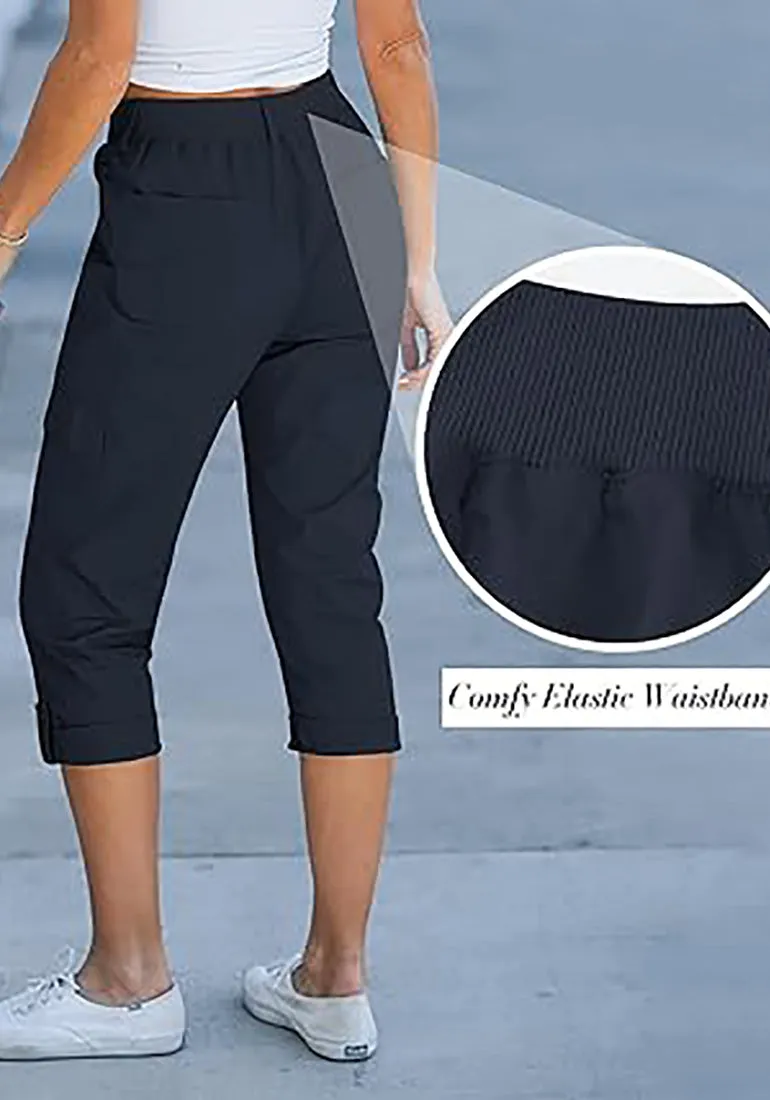 GRAPENT Cargo Capri Pants for Women High Waisted Relaxed Fit Elastic Knit Waist Casual Capris Trousers Cropped Pants