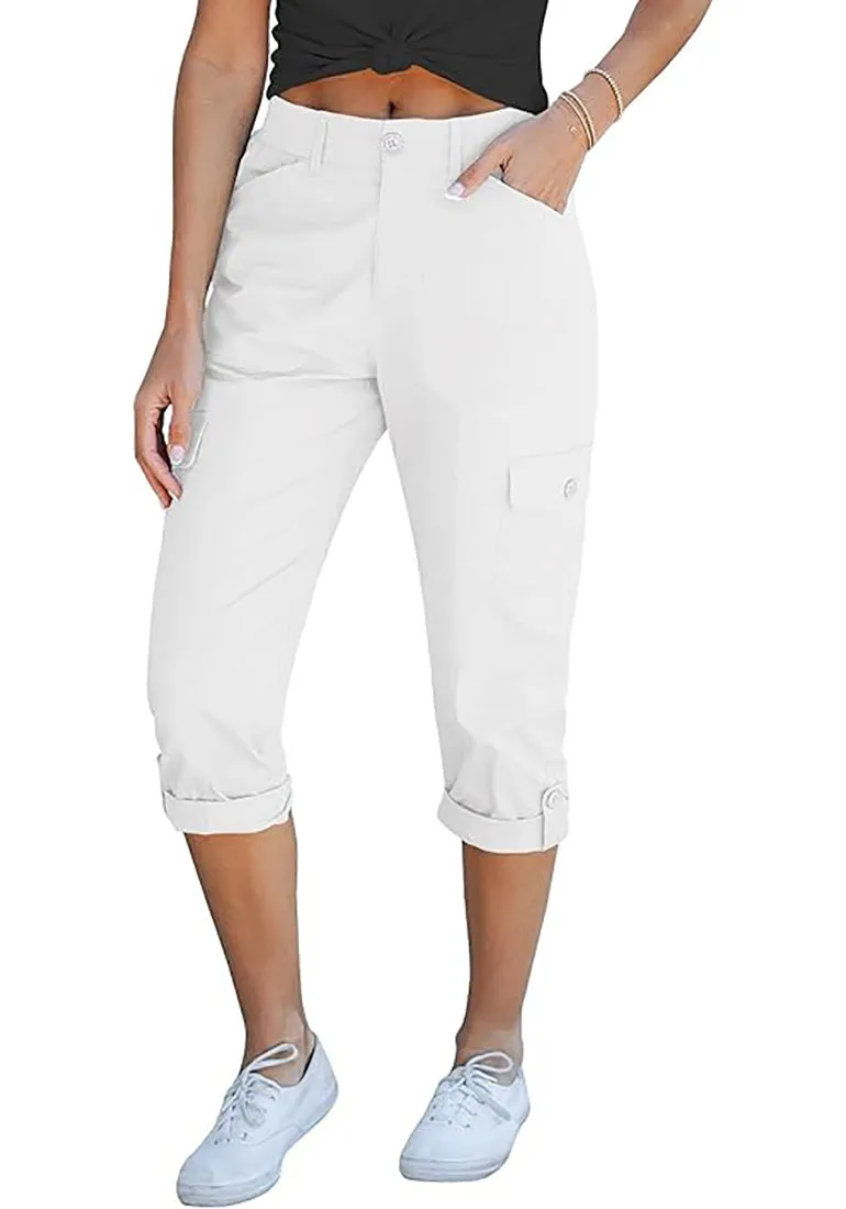 GRAPENT Cargo Capri Pants for Women High Waisted Relaxed Fit Elastic Knit Waist Casual Capris Trousers Cropped Pants