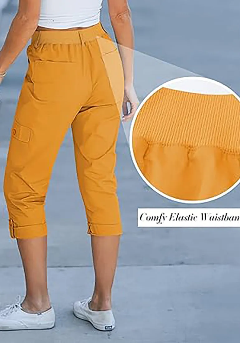 GRAPENT Cargo Capri Pants for Women High Waisted Relaxed Fit Elastic Knit Waist Casual Capris Trousers Cropped Pants