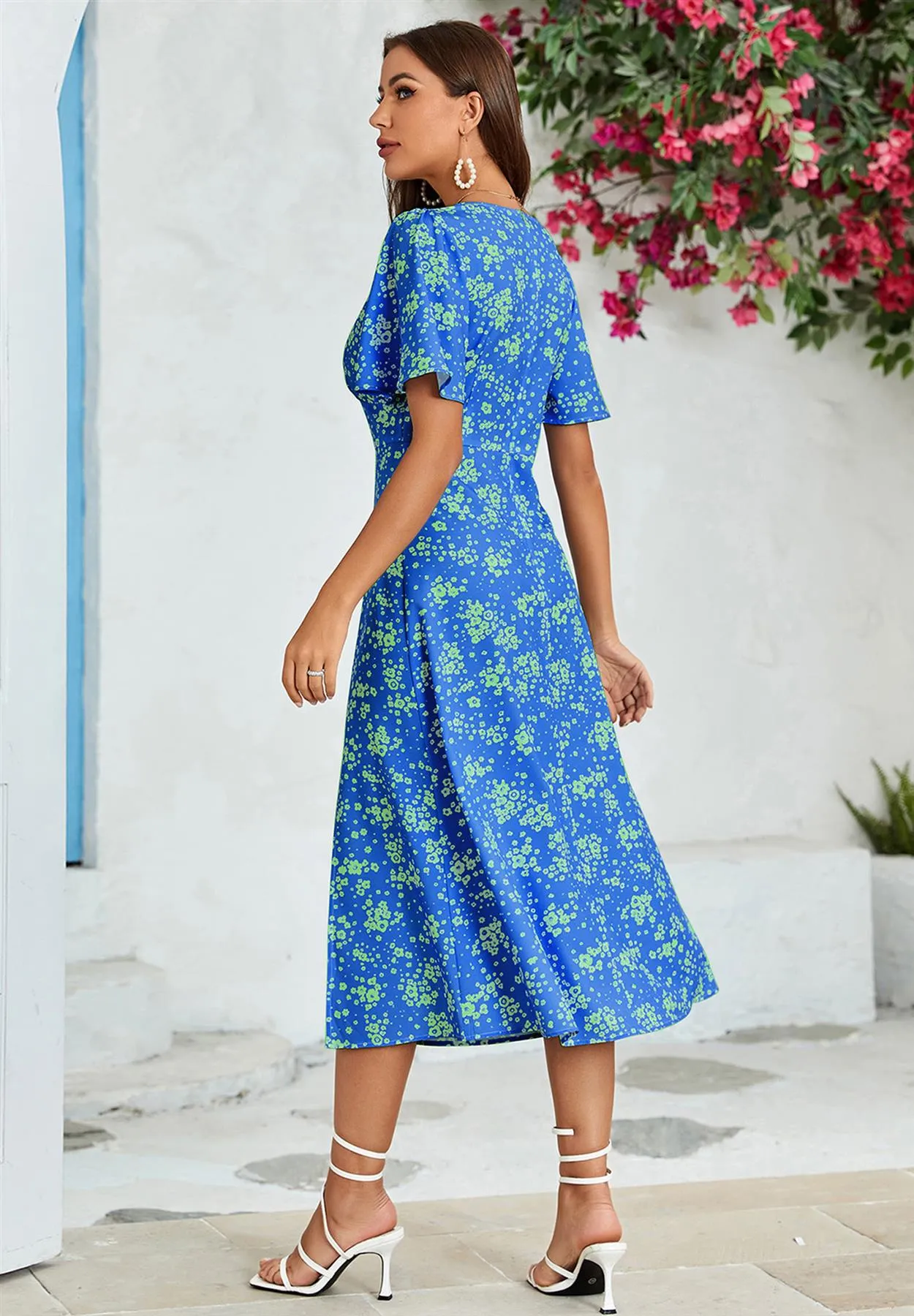 Green Floral Print Angel Sleeve Midi Dress In Blue