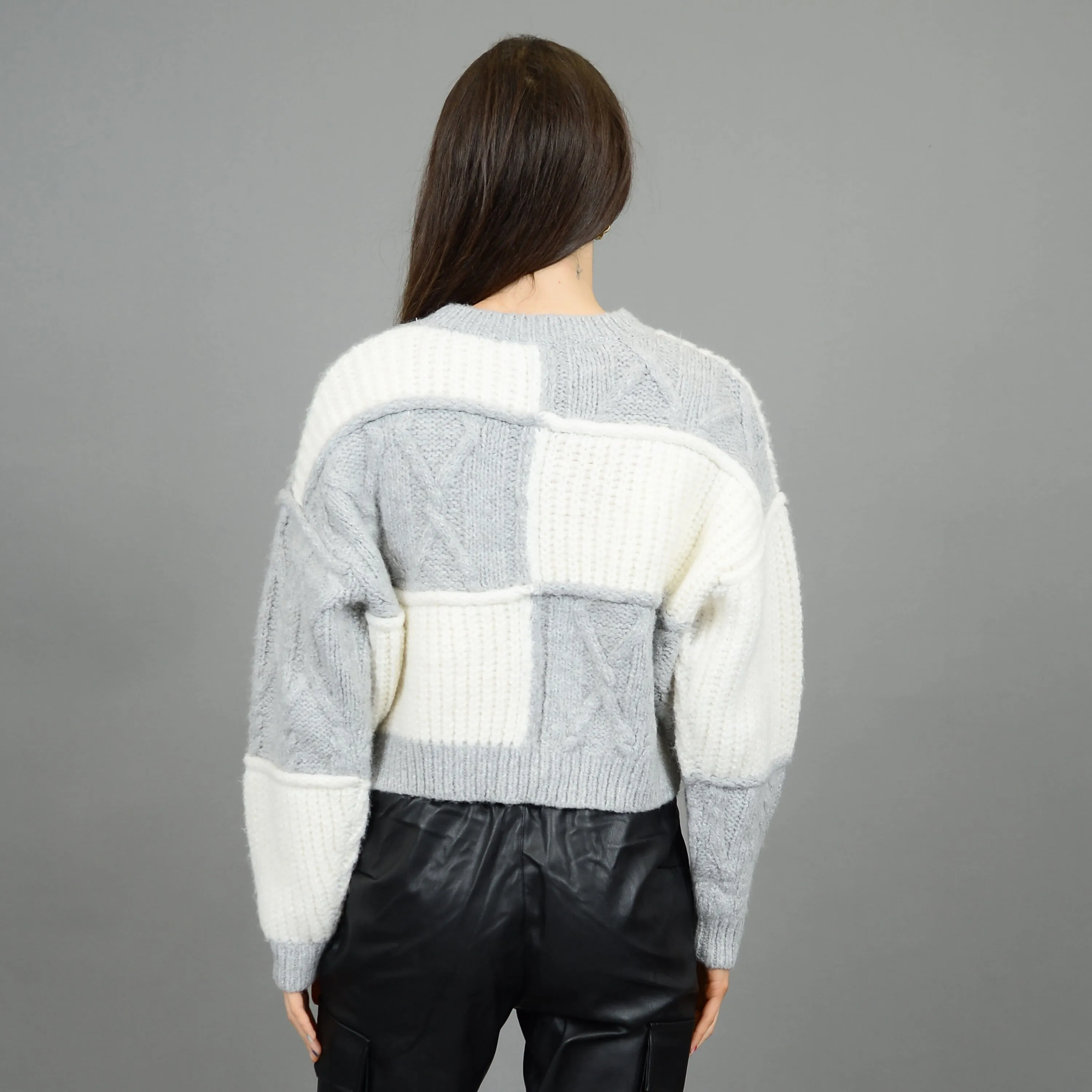 GREY AND CREAM PATCHWORK SWEATER