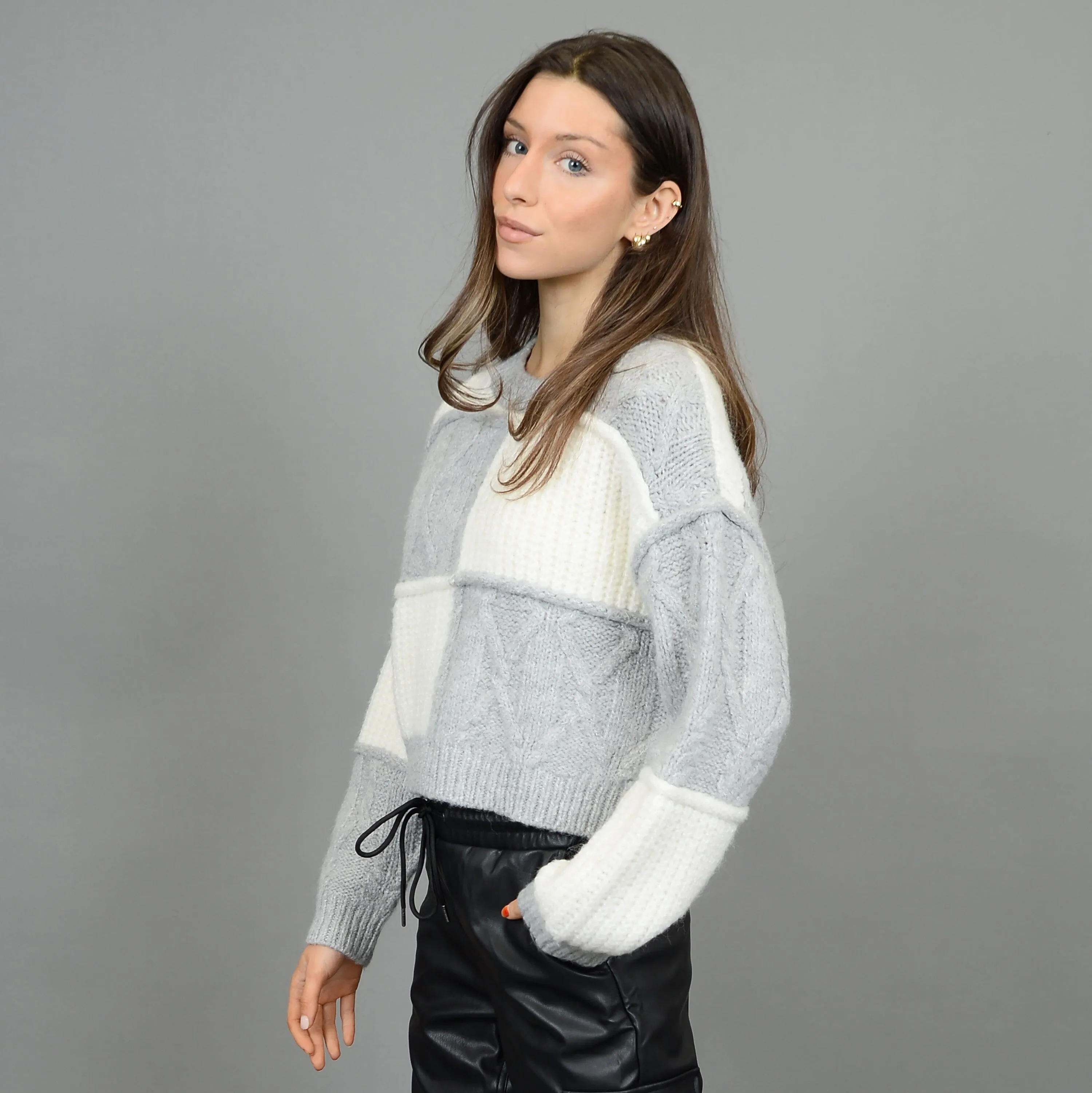 GREY AND CREAM PATCHWORK SWEATER