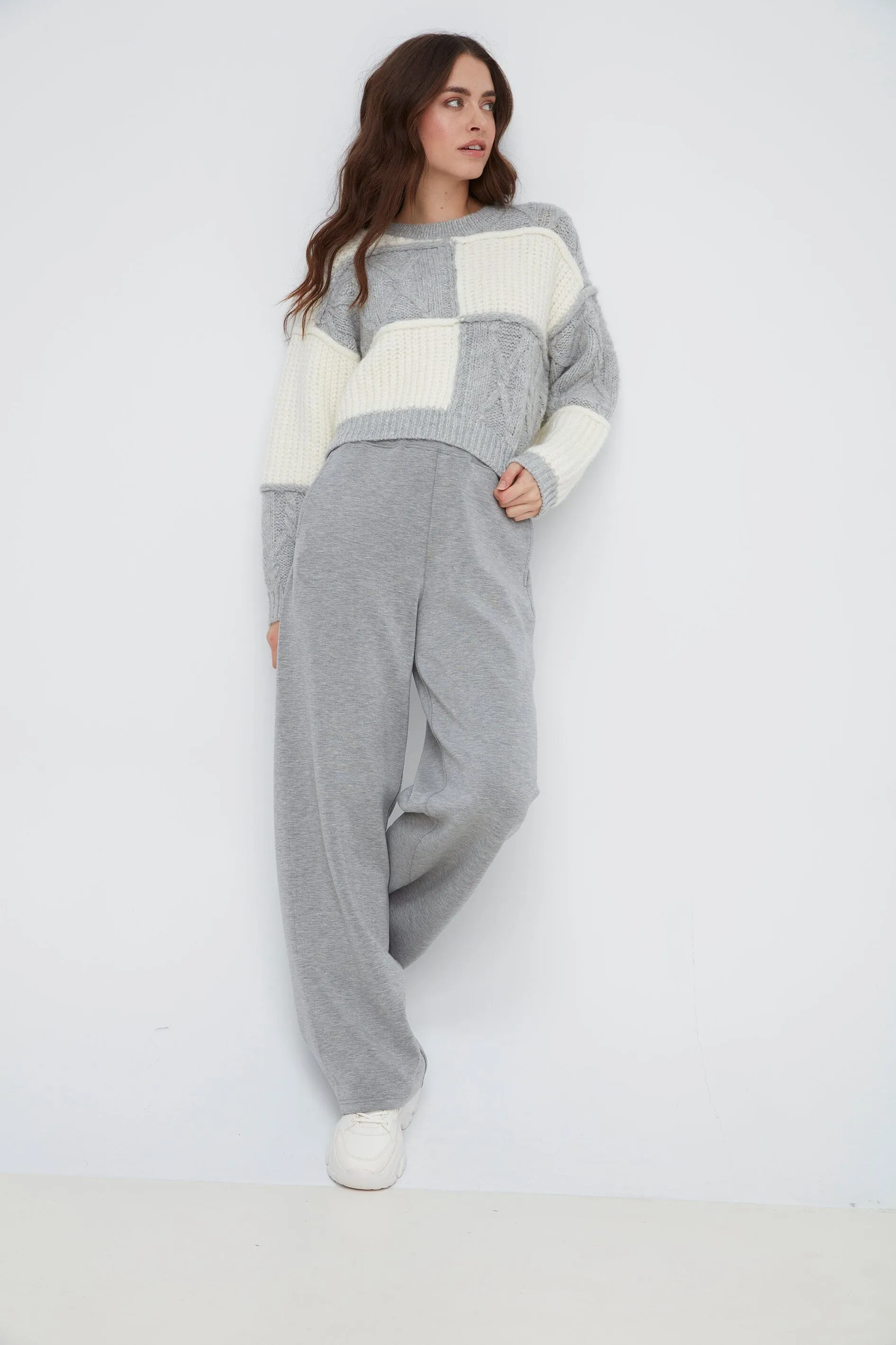 GREY AND CREAM PATCHWORK SWEATER