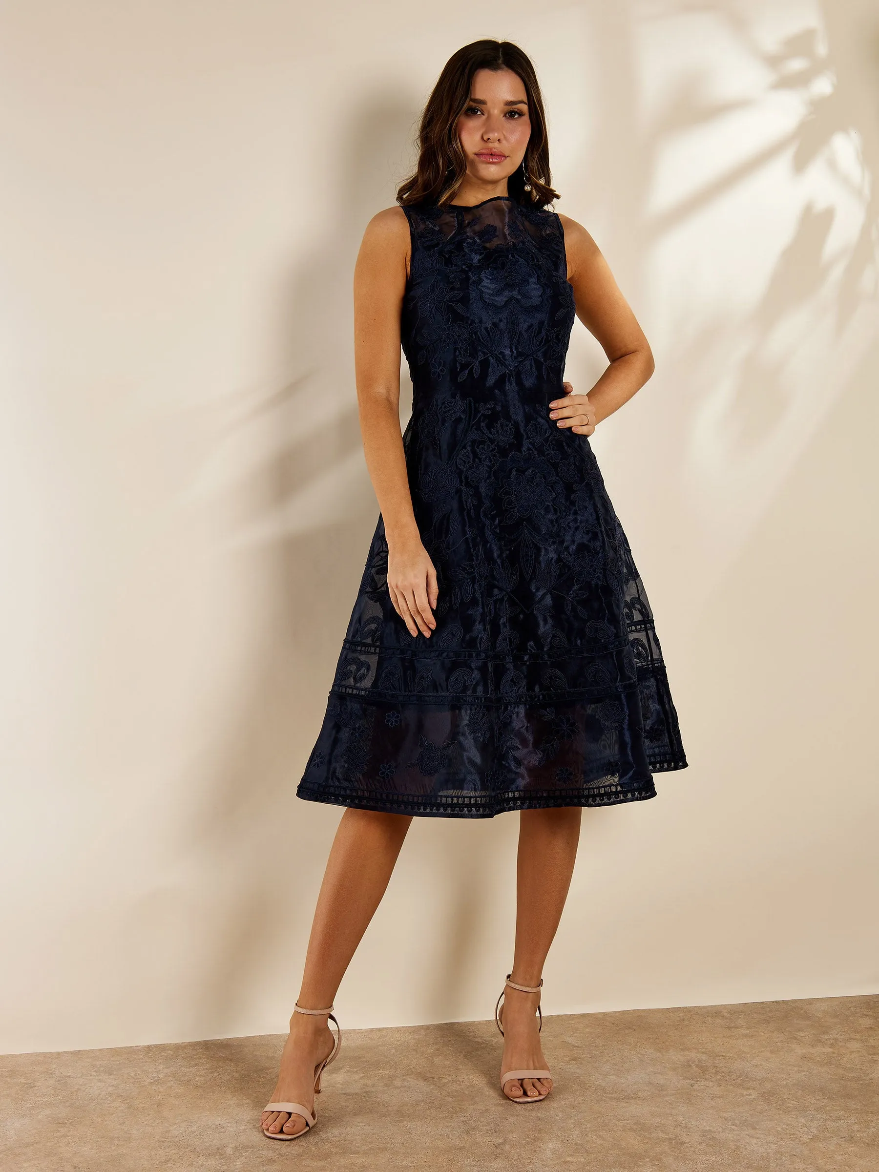 GWD Sandy Floral Emboidered Sleeveless Navy Knee Length Dress