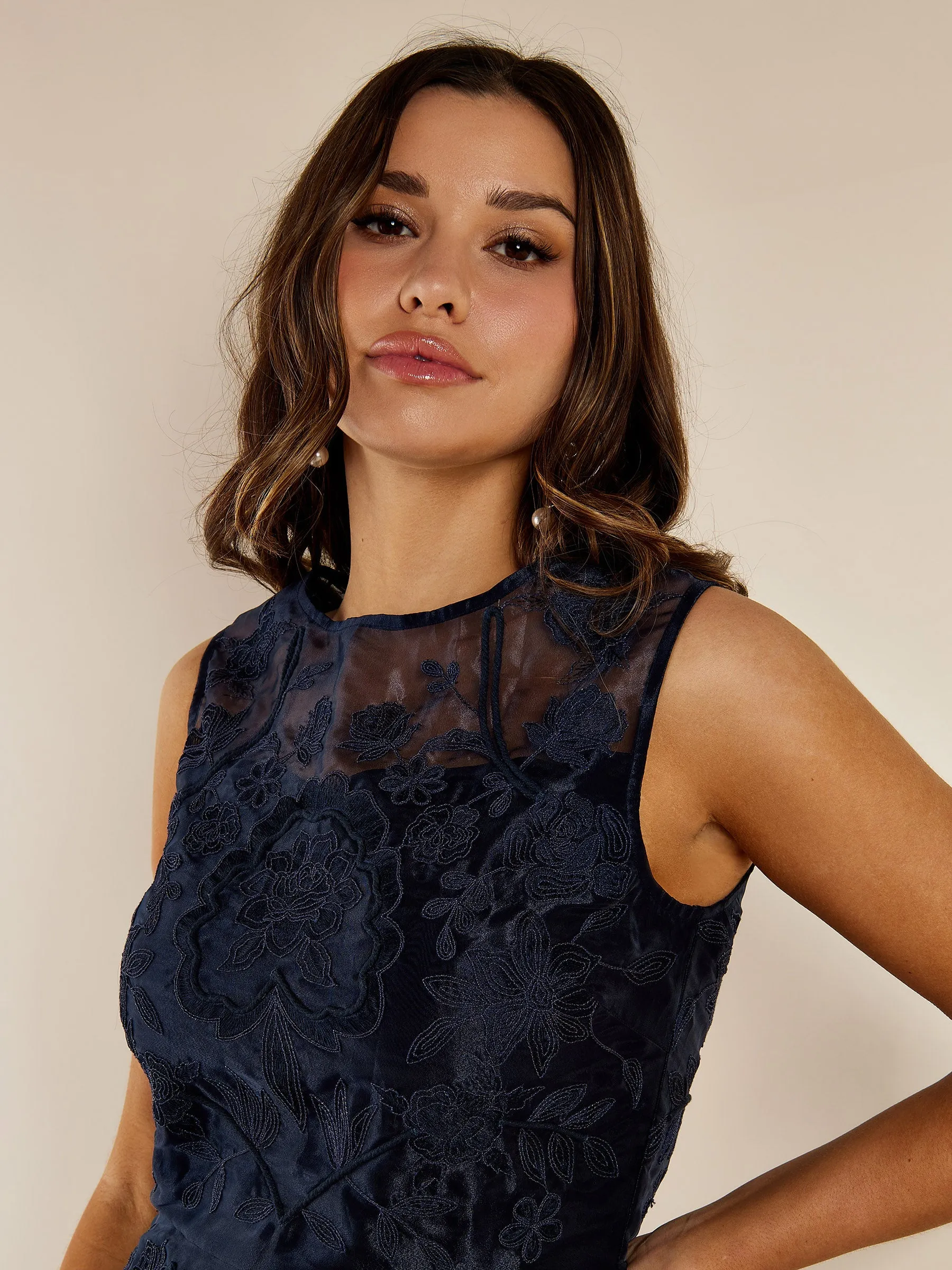 GWD Sandy Floral Emboidered Sleeveless Navy Knee Length Dress