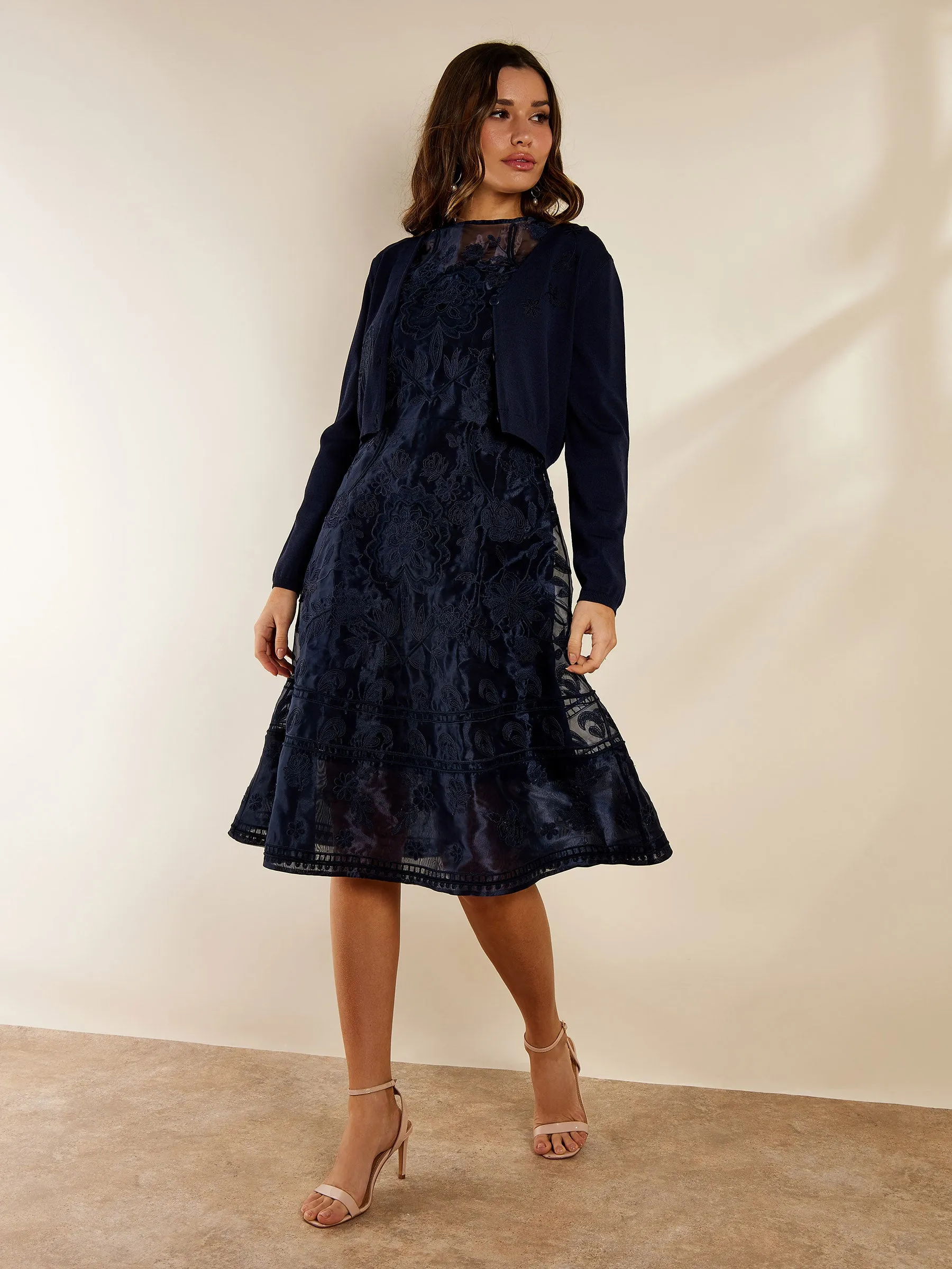 GWD Sandy Floral Emboidered Sleeveless Navy Knee Length Dress
