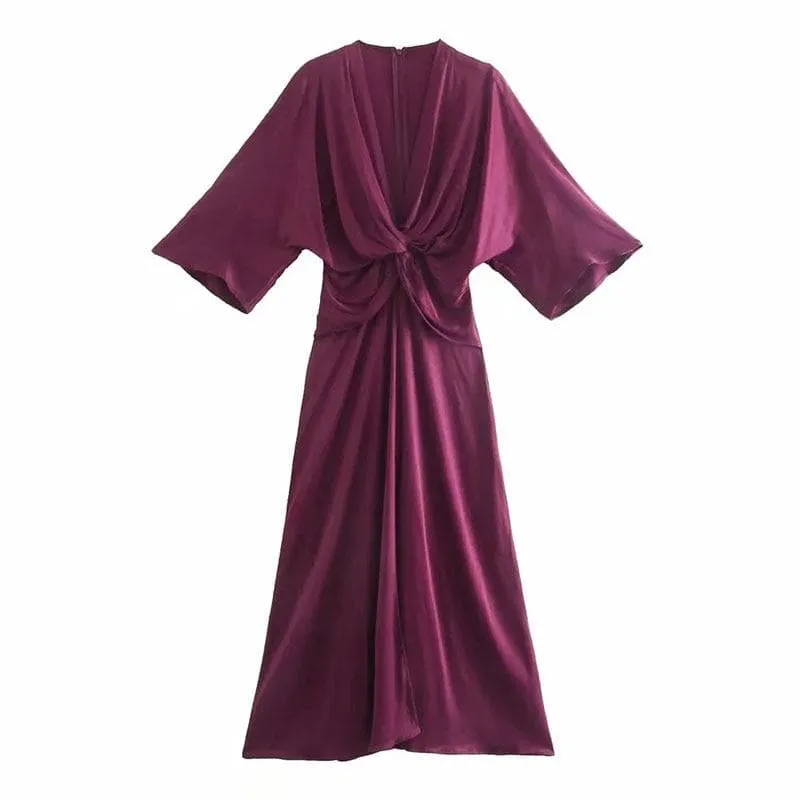 HALF SLEEVE SATIN MIDI DRESS