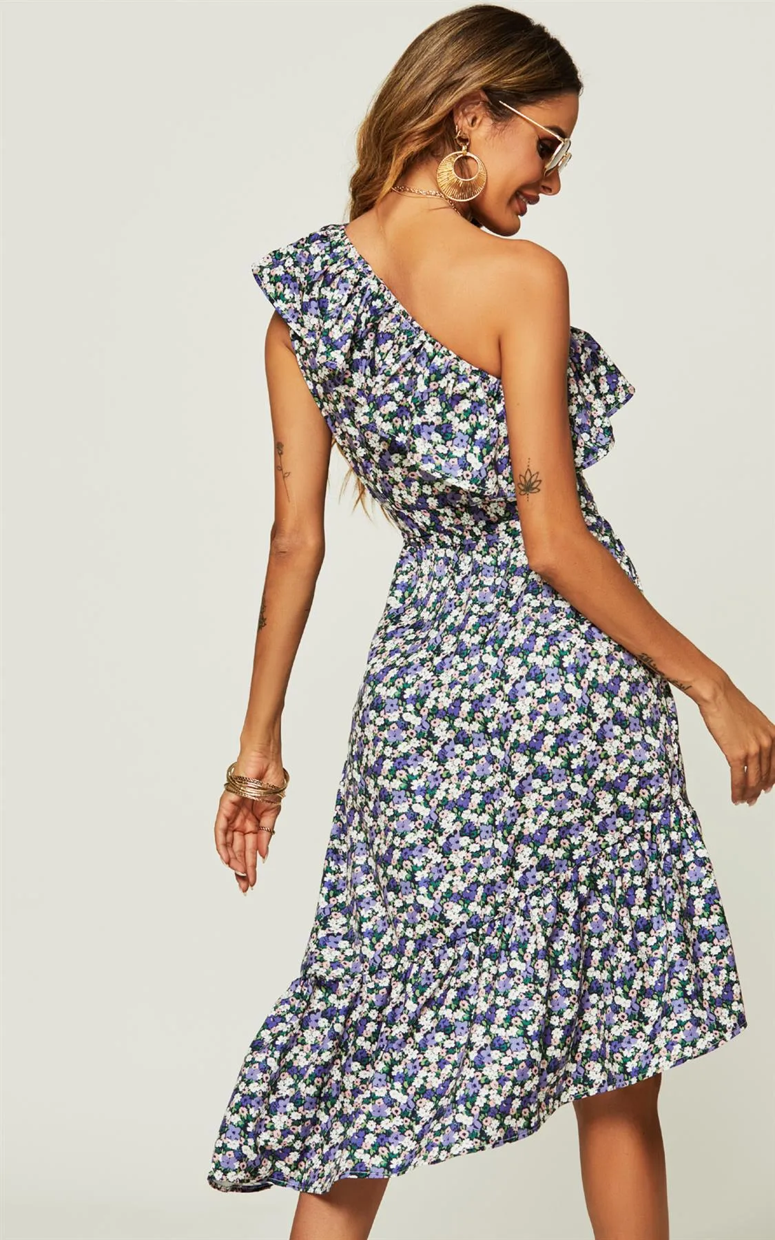 Hem Ruffle One Shoulder High Low Midi Dress In Purple Flora Print