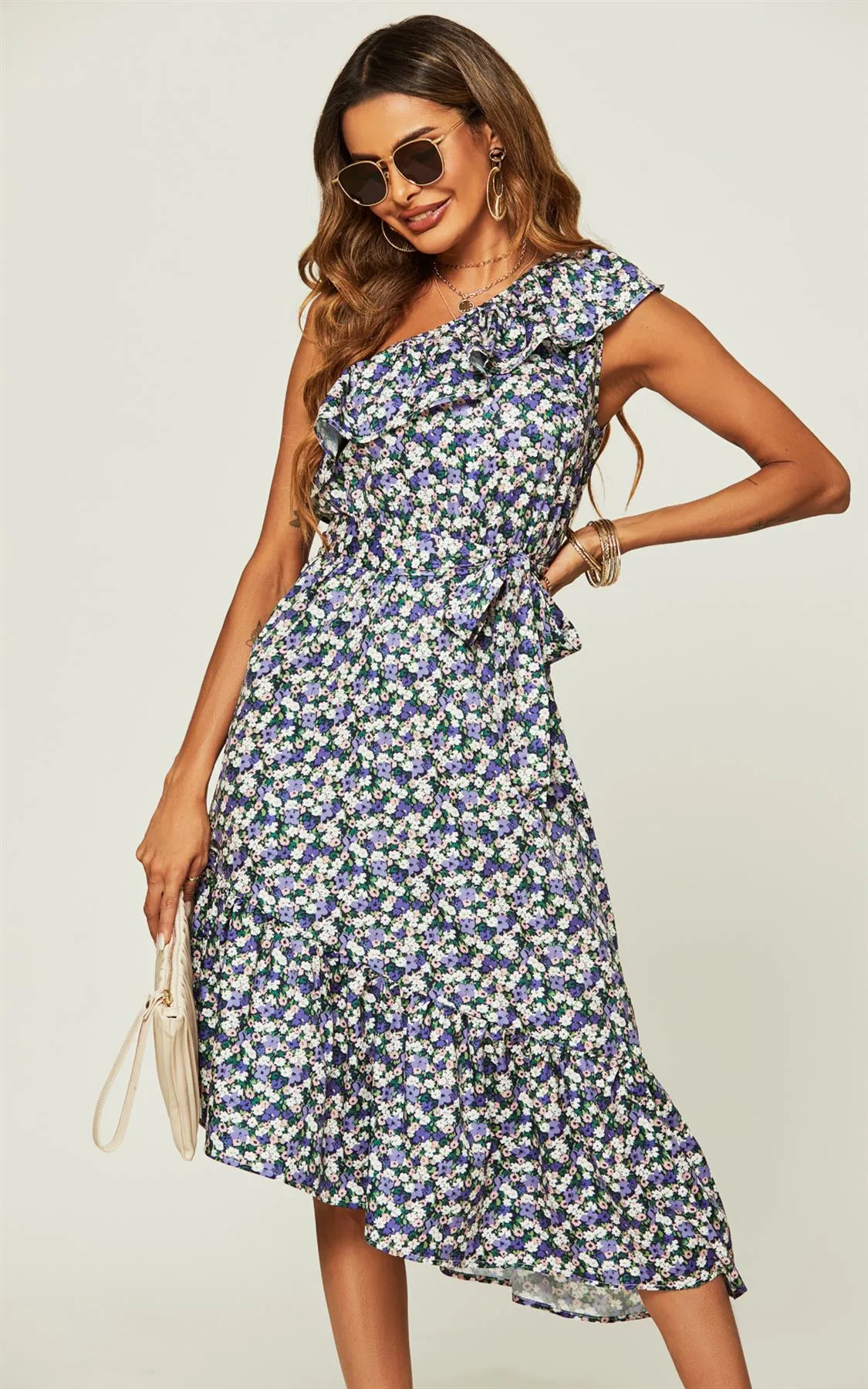 Hem Ruffle One Shoulder High Low Midi Dress In Purple Flora Print