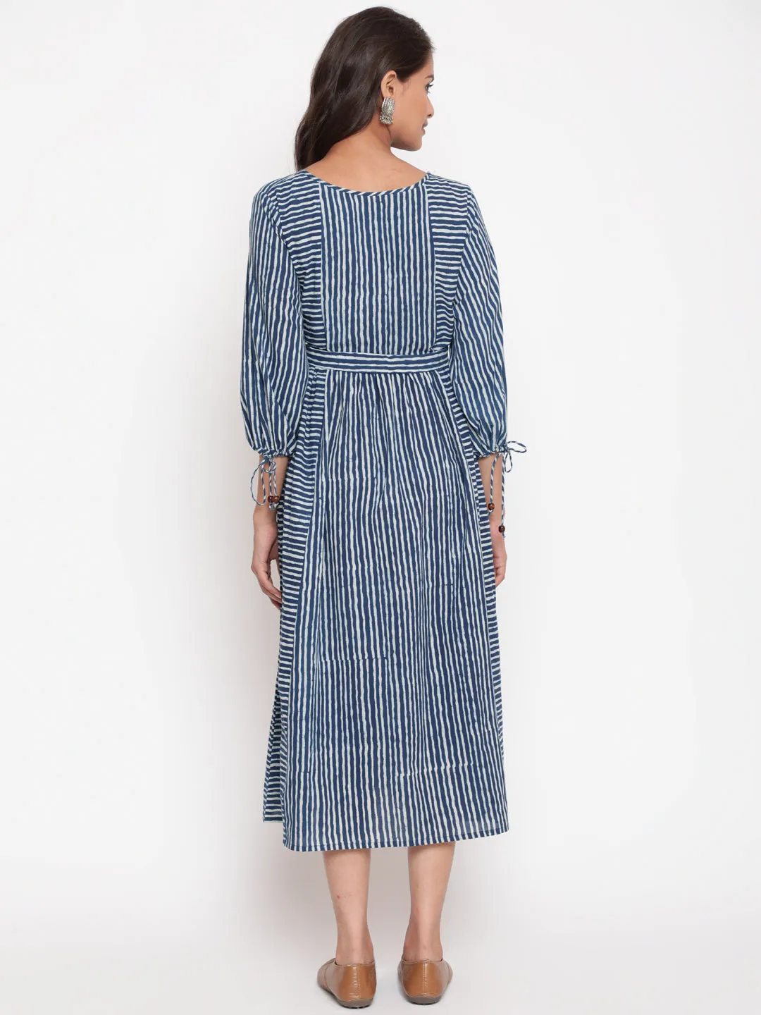 Indigo Cotton Striped Printed Designer Dress
