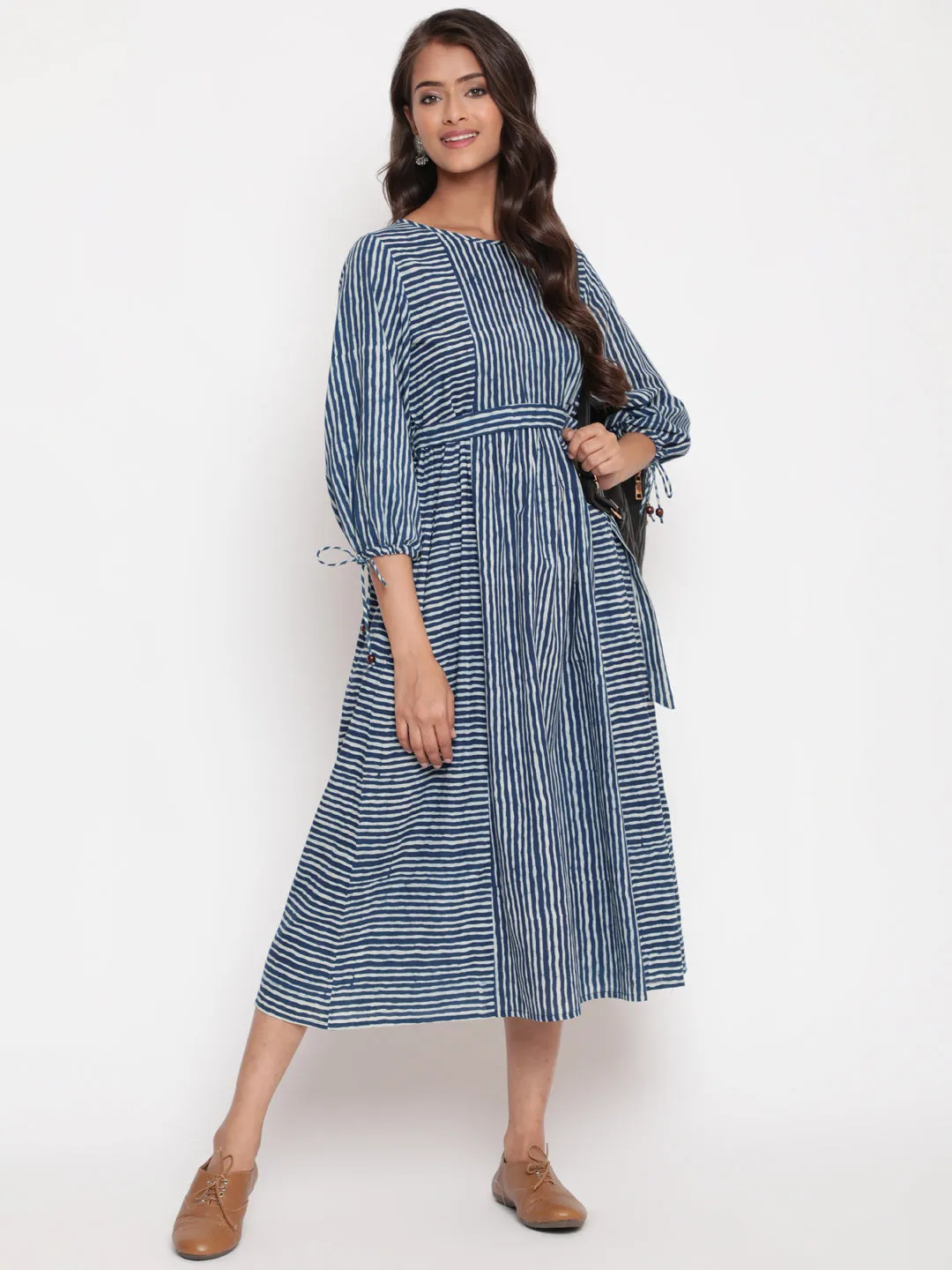 Indigo Cotton Striped Printed Designer Dress