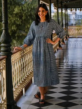Indigo Cotton Striped Printed Designer Dress