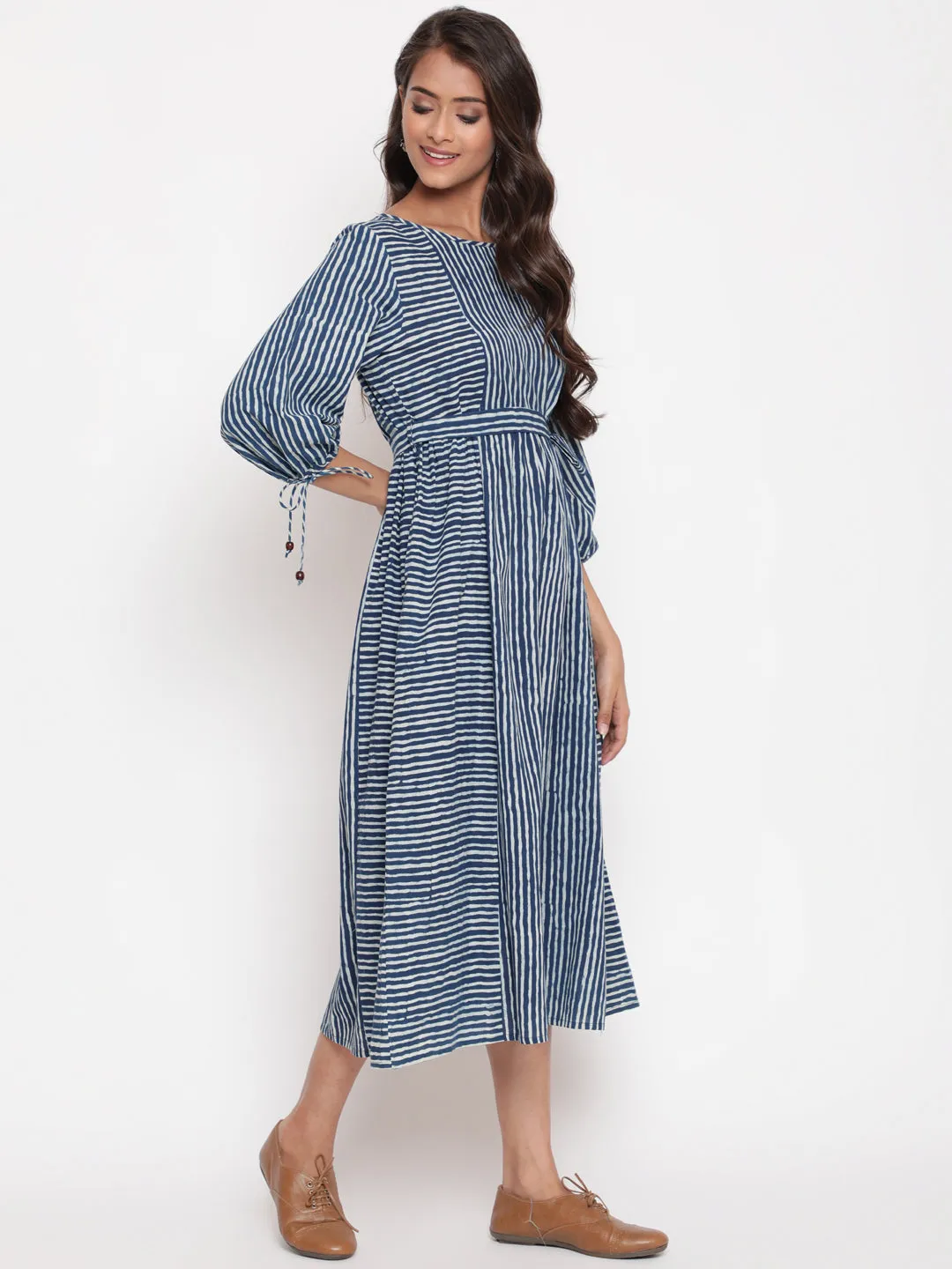 Indigo Cotton Striped Printed Designer Dress