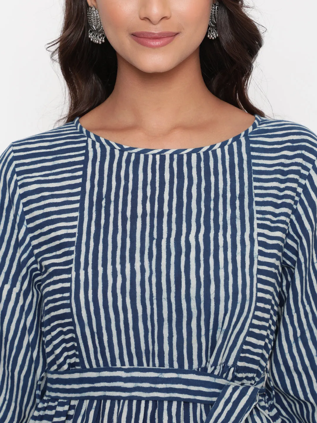 Indigo Cotton Striped Printed Designer Dress