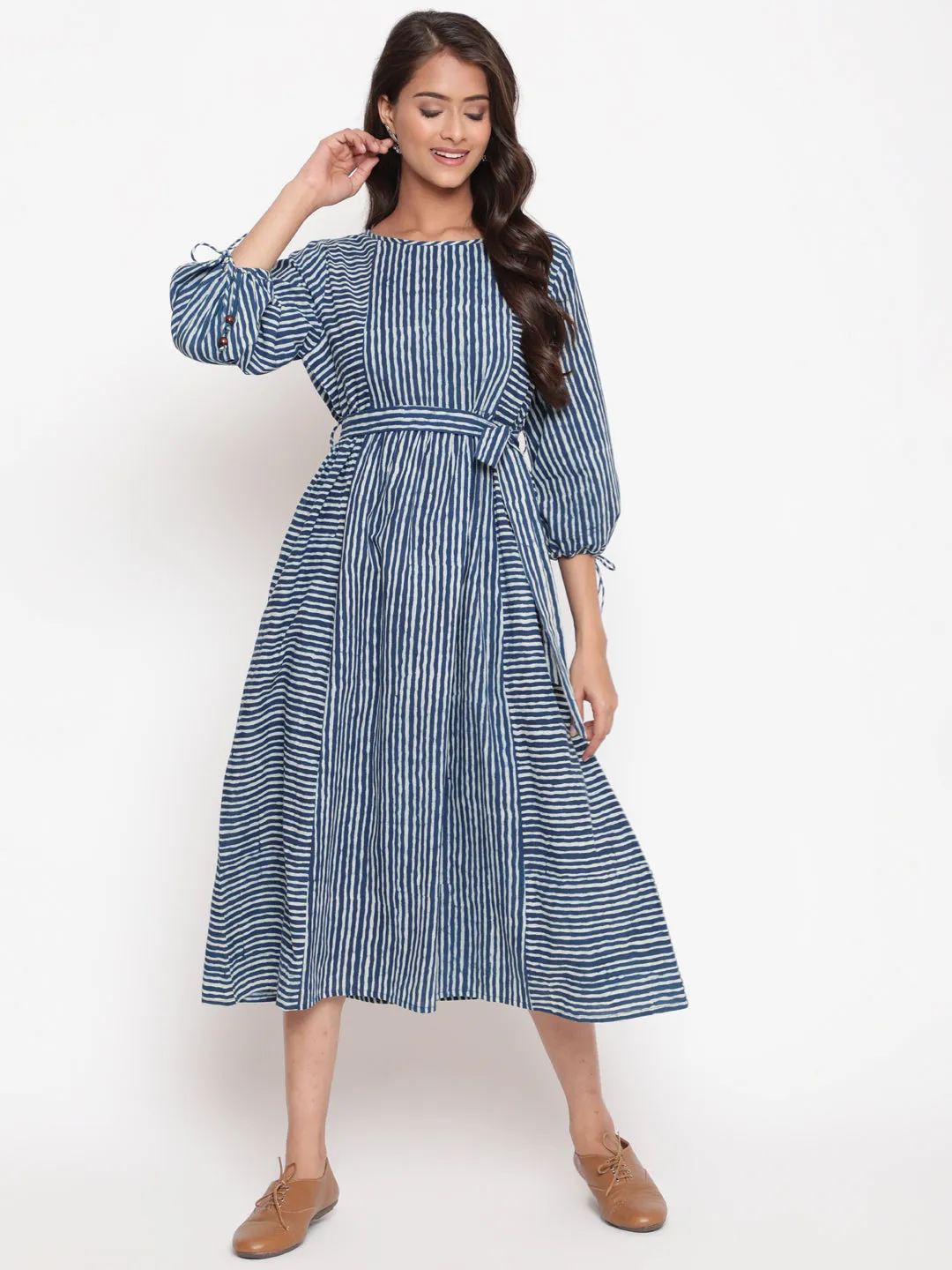 Indigo Cotton Striped Printed Designer Dress