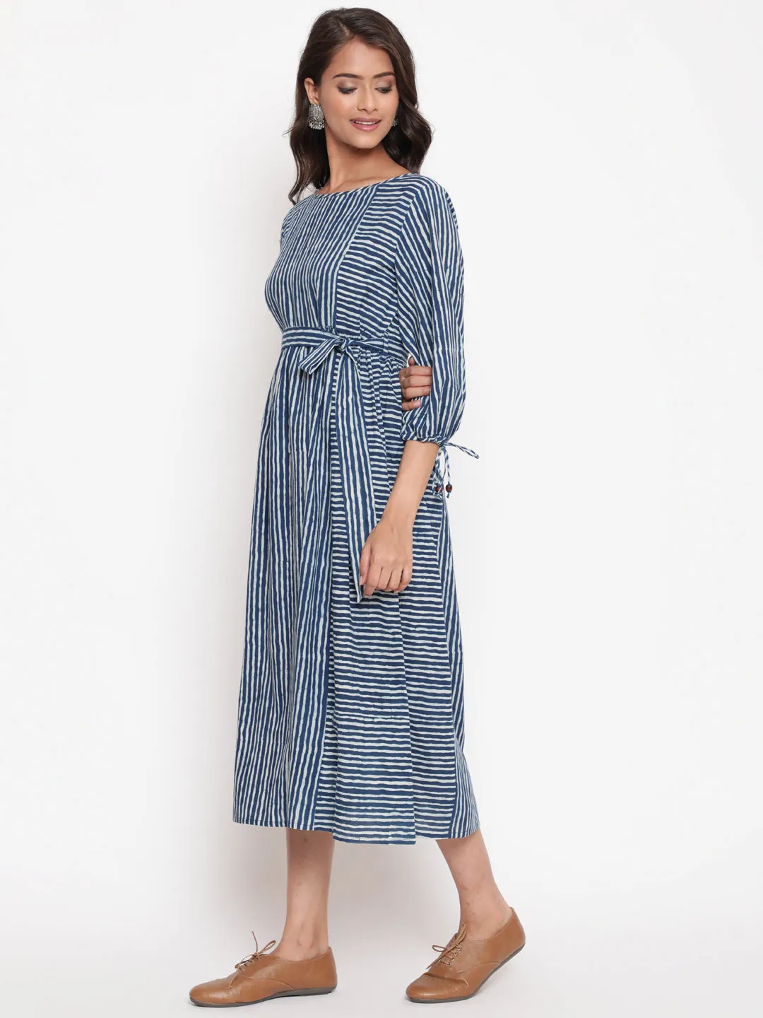 Indigo Cotton Striped Printed Designer Dress
