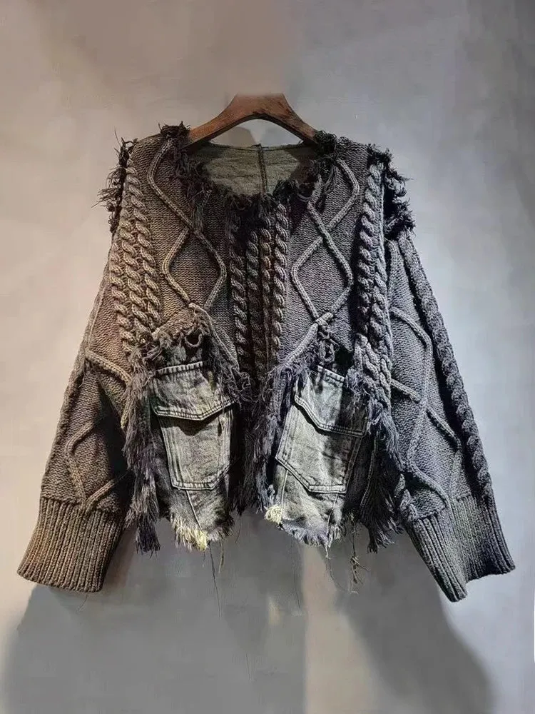 Irregular Pullover Patchwork Denim Sweater for Women