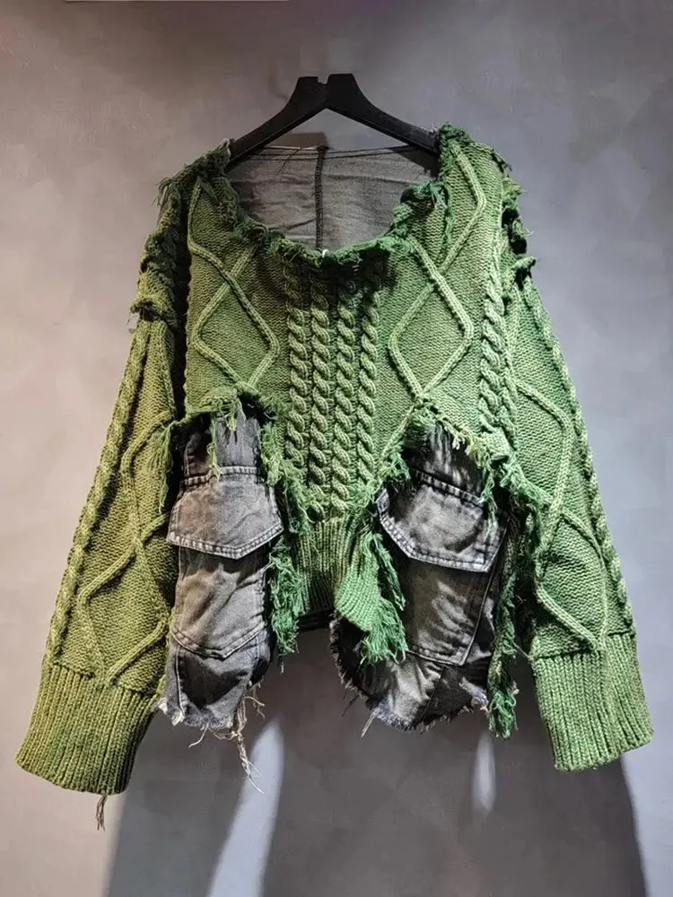 Irregular Pullover Patchwork Denim Sweater for Women