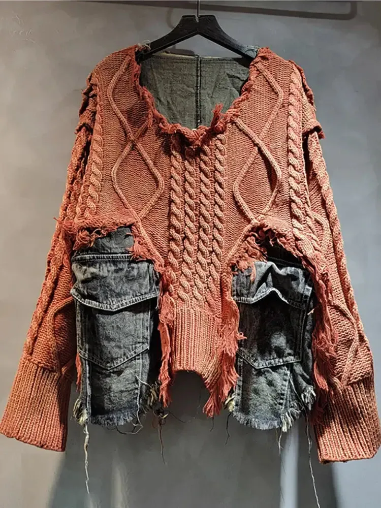 Irregular Pullover Patchwork Denim Sweater for Women