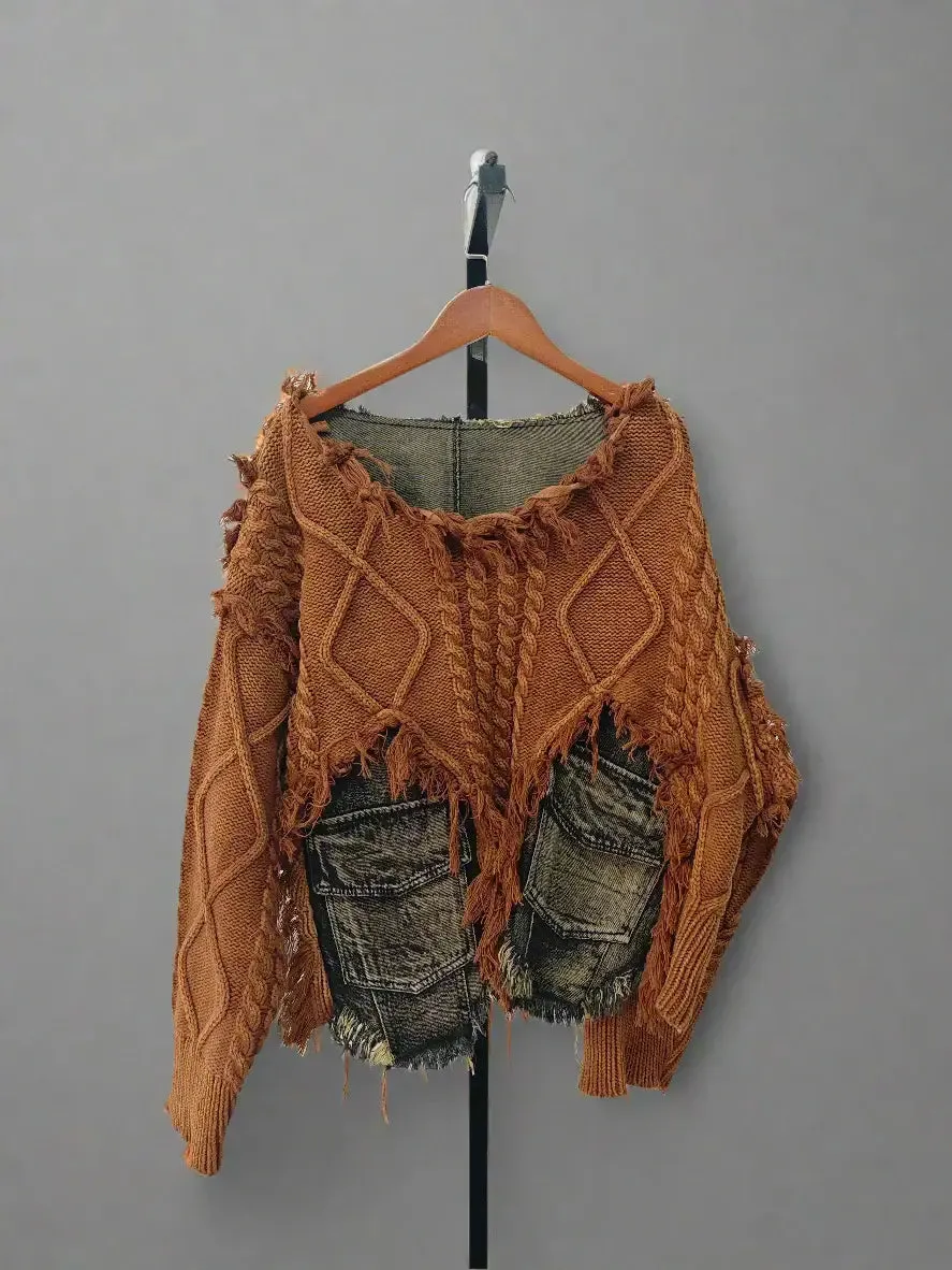 Irregular Pullover Patchwork Denim Sweater for Women