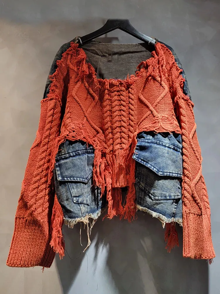 Irregular Pullover Patchwork Denim Sweater for Women