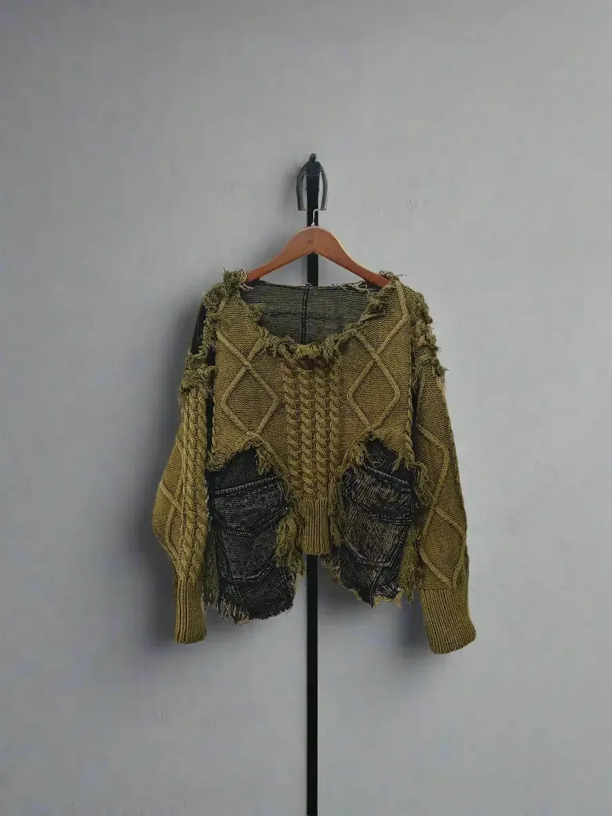 Irregular Pullover Patchwork Denim Sweater for Women