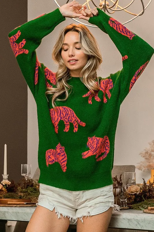 Jade/Orange Tiger Pattern Round Neck Sweater
