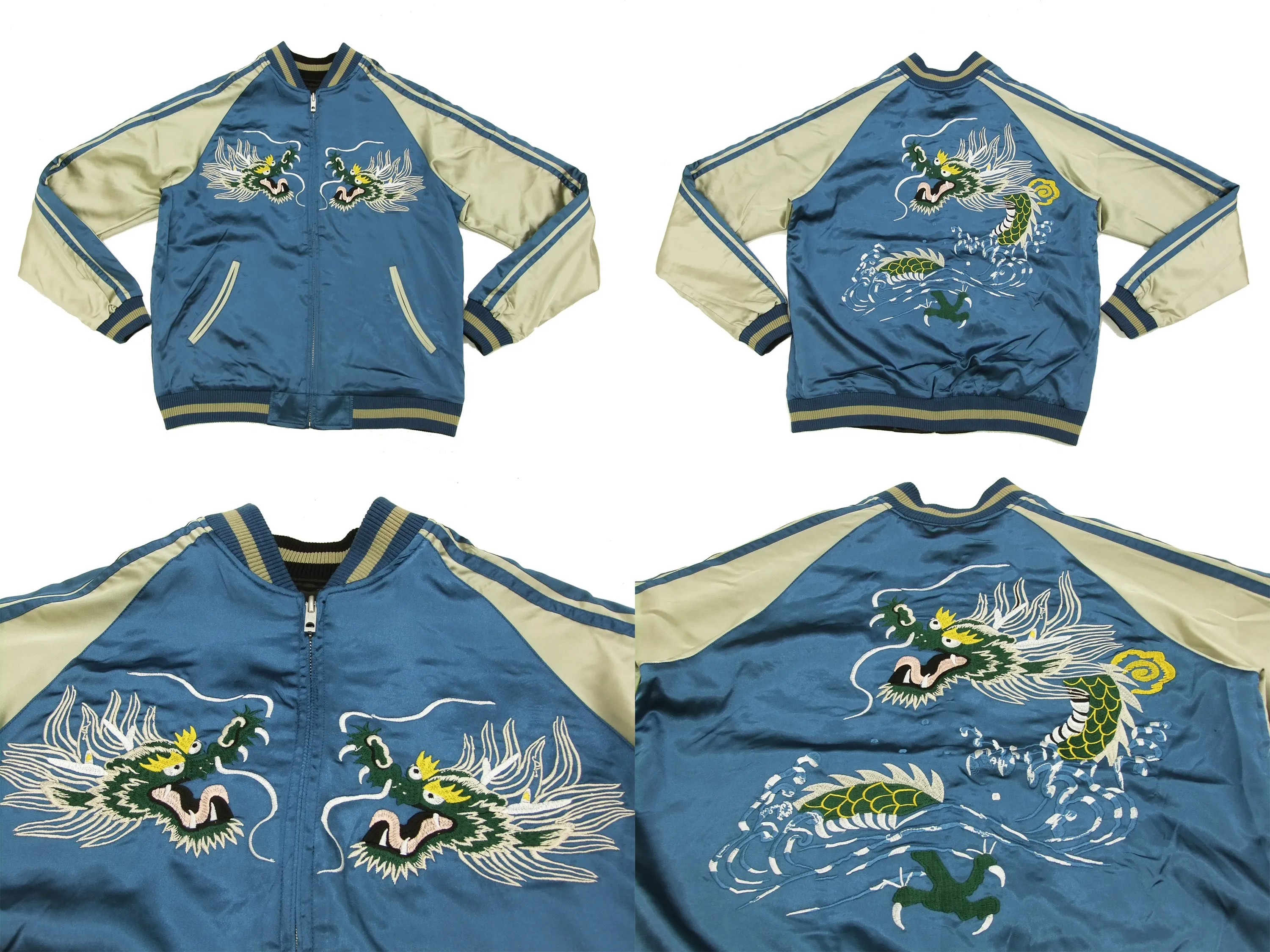 Japanesque Script Japanese Souvenir Jacket 3RSJ-501 Map Dragon Men's Sukajan Black/Beige