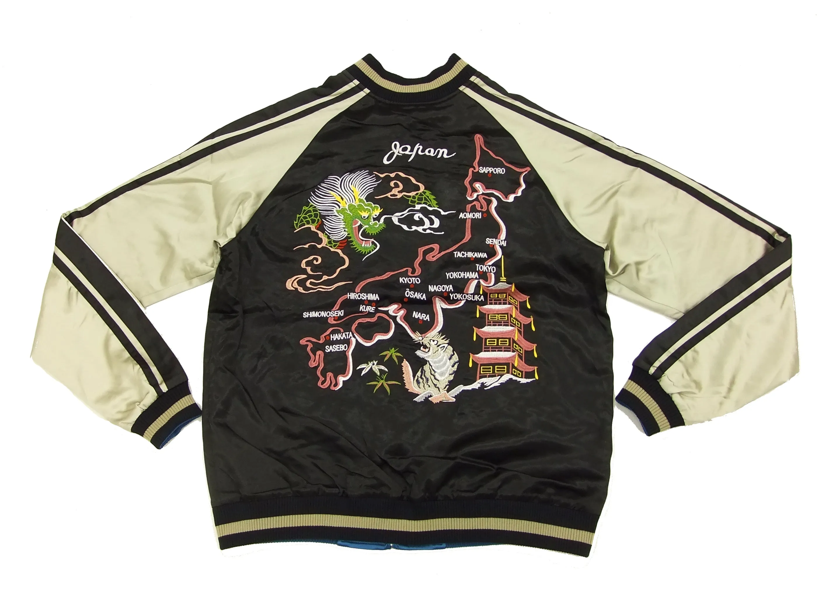 Japanesque Script Japanese Souvenir Jacket 3RSJ-501 Map Dragon Men's Sukajan Black/Beige