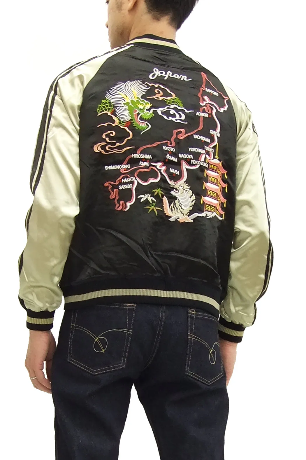 Japanesque Script Japanese Souvenir Jacket 3RSJ-501 Map Dragon Men's Sukajan Black/Beige