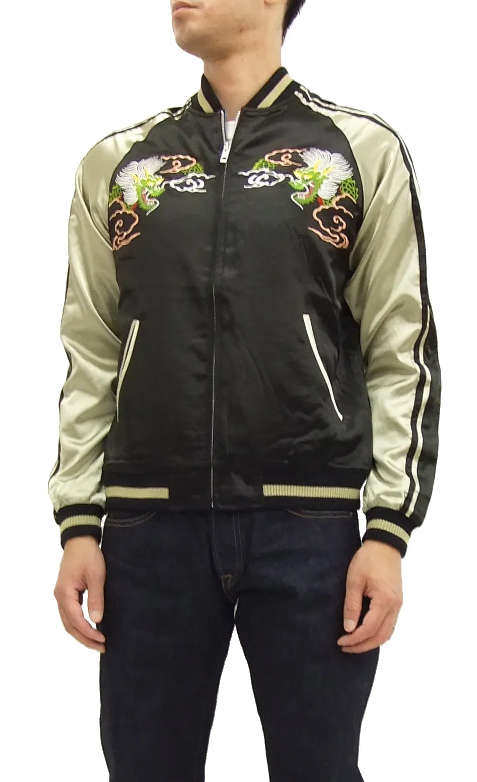 Japanesque Script Japanese Souvenir Jacket 3RSJ-501 Map Dragon Men's Sukajan Black/Beige