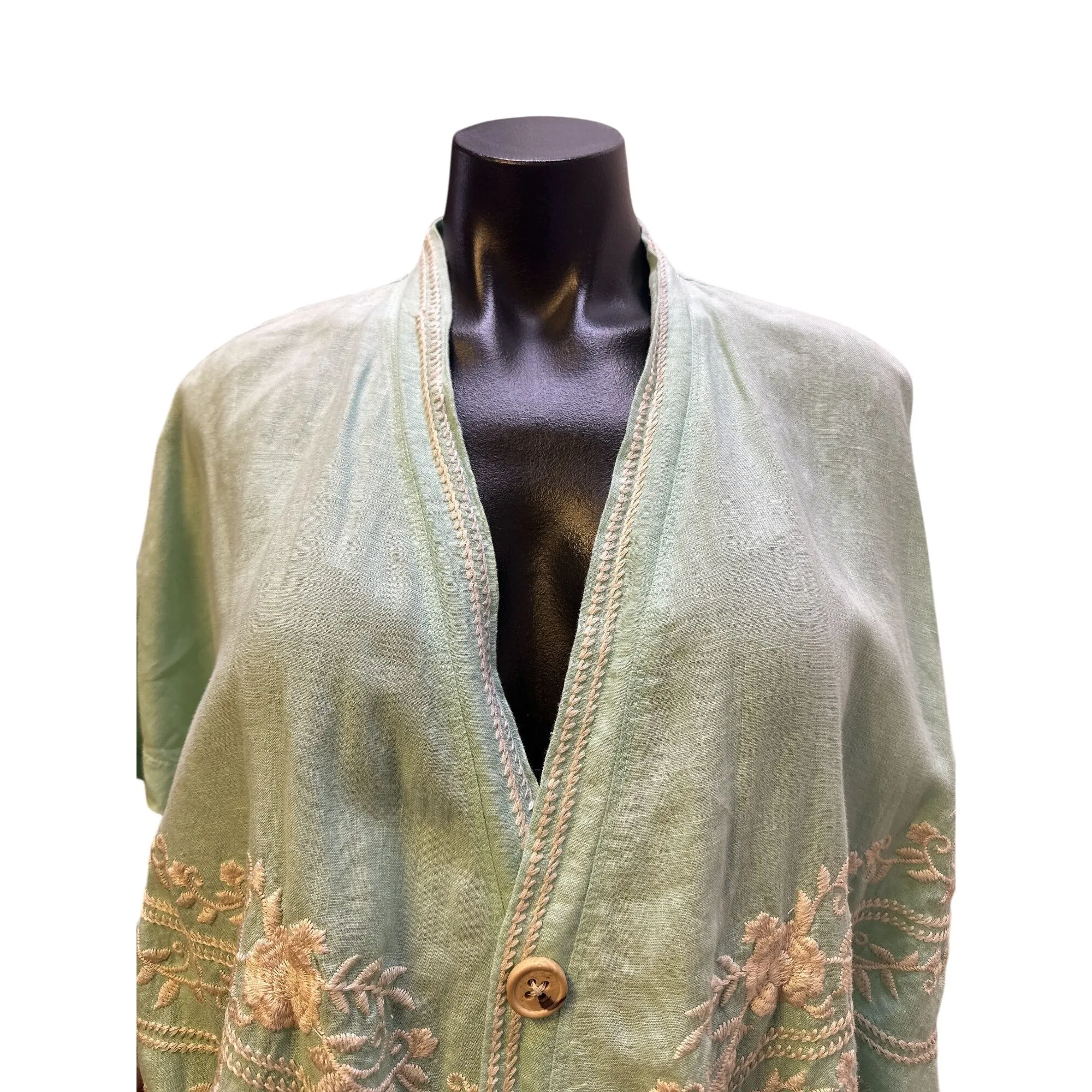 Johnny Was Mint Green w/Ivory Embroidery Linen Kimono Cardigan Size Medium
