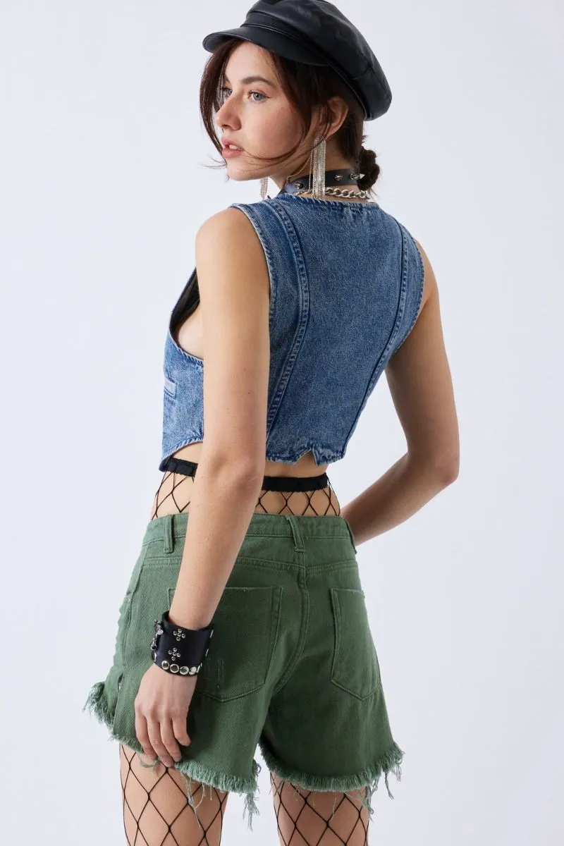Kimmie Acid Wash Crop Denim Western Snap Button Vest