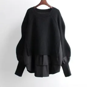 KooPros Crewneck Patchwork Combo Pullover Sweater in Black