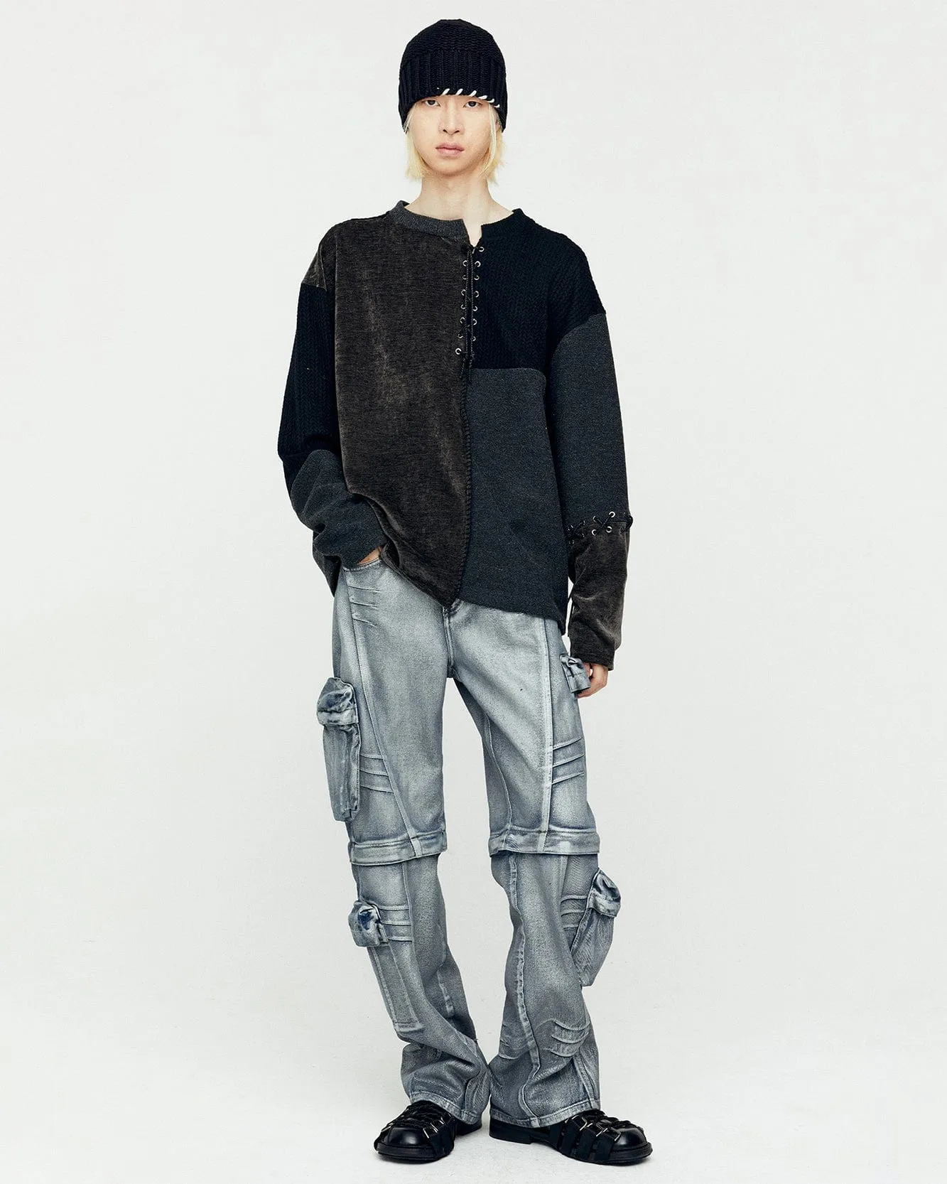 LACE-UP OVERSIZED SWEATER atb1142m(BLACK)