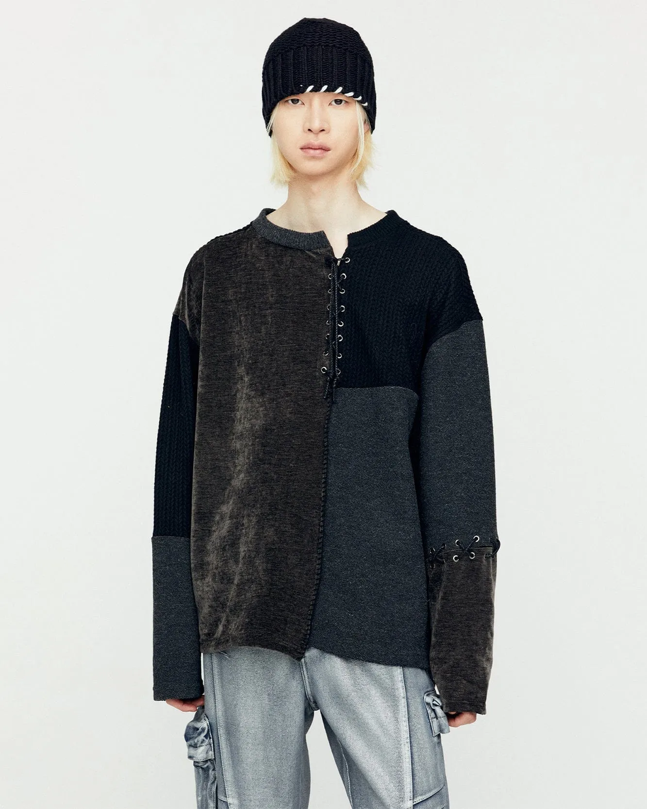 LACE-UP OVERSIZED SWEATER atb1142m(BLACK)