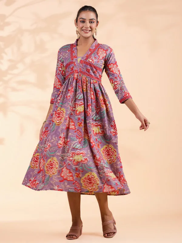 Lavender Floral Print  Cotton Alia Cut Dress