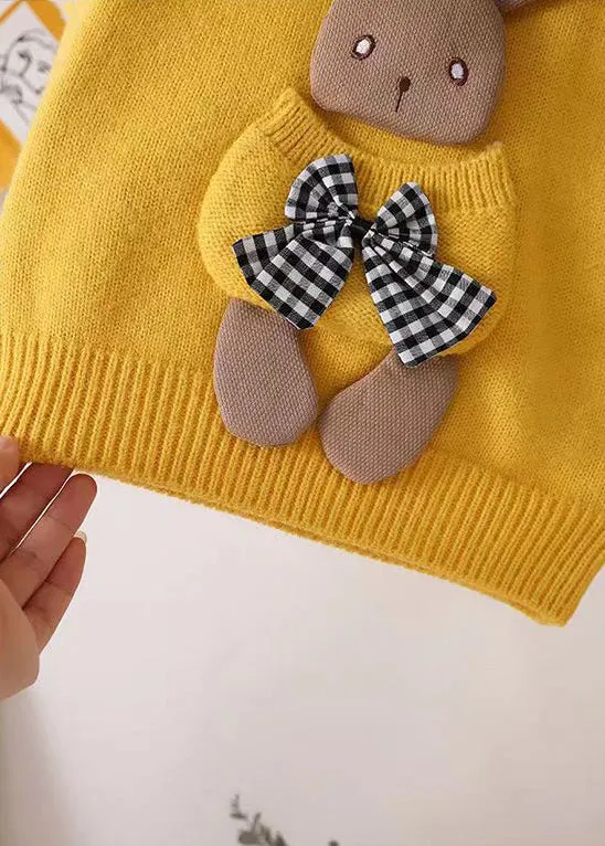 Lovely Yellow O Neck Pockets Patchwork Thick Girls Sweater Winter ML0050