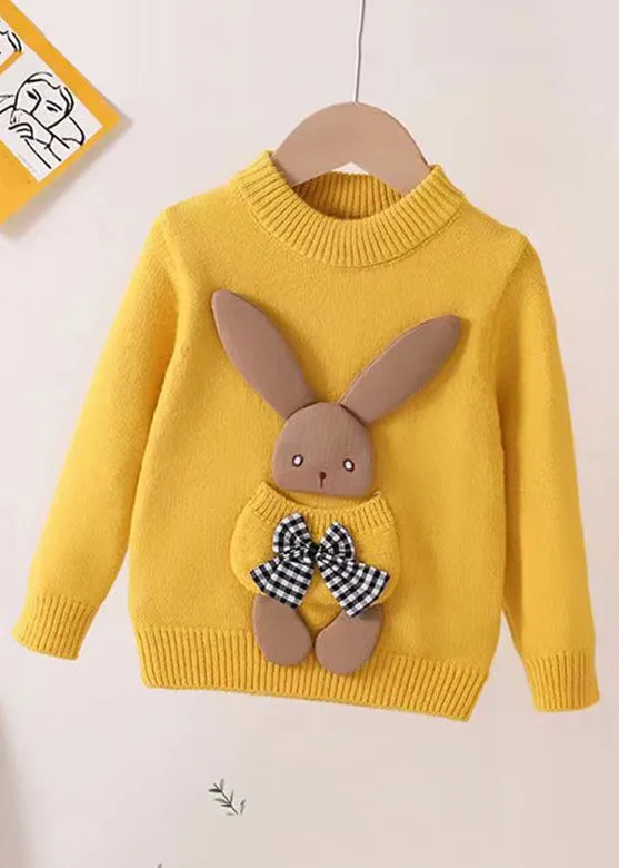 Lovely Yellow O Neck Pockets Patchwork Thick Girls Sweater Winter ML0050