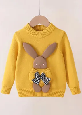 Lovely Yellow O Neck Pockets Patchwork Thick Girls Sweater Winter ML0050