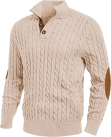 Men's Cable Knit Patchwork Zip Front Red Sweater