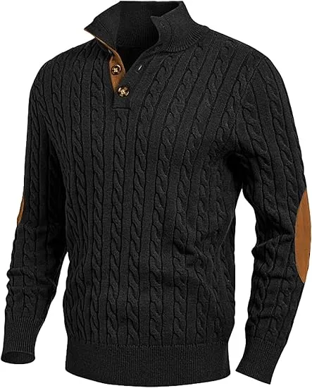 Men's Cable Knit Patchwork Zip Front Red Sweater