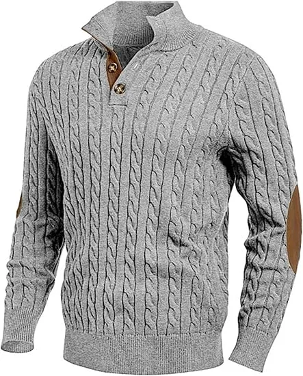 Men's Cable Knit Patchwork Zip Front Red Sweater