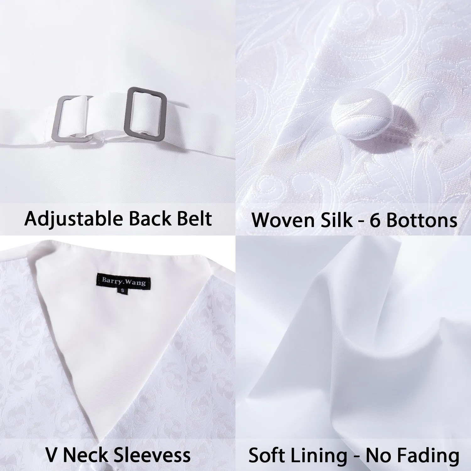 Men's  White Silk Vest Necktie Pocket square Cufflinks
