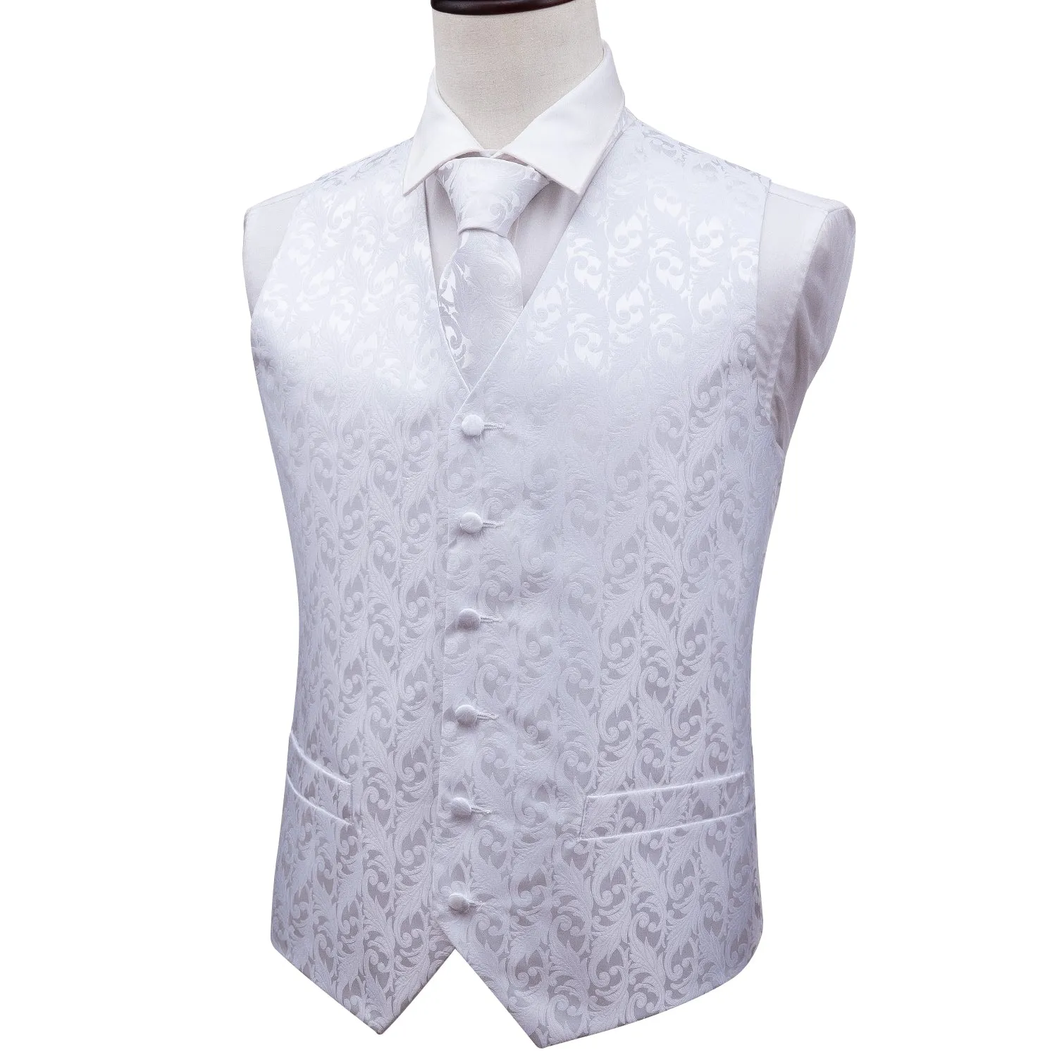 Men's  White Silk Vest Necktie Pocket square Cufflinks