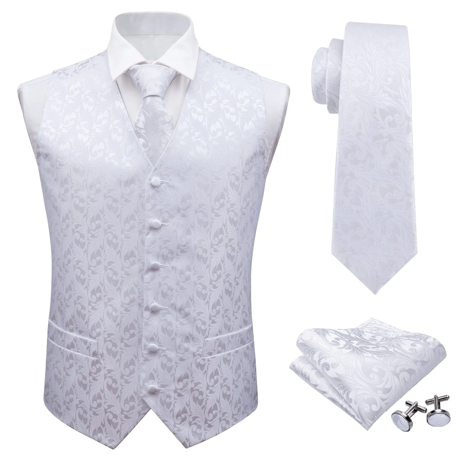 Men's  White Silk Vest Necktie Pocket square Cufflinks